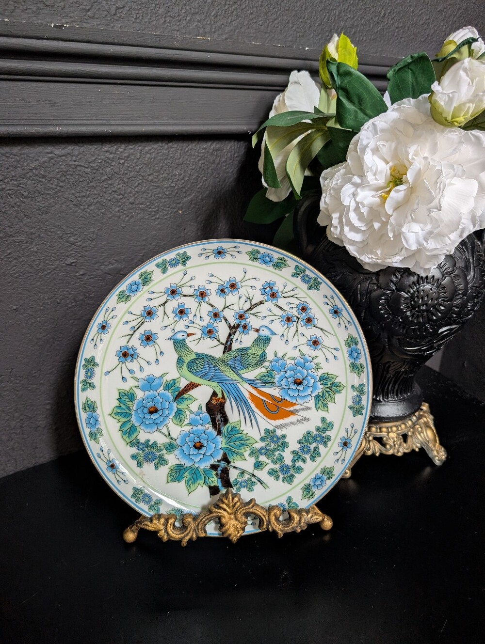 Vintage Imari Ware Japan 10" Porcelain Plate, Blue & Green Paradise Bird, Stand